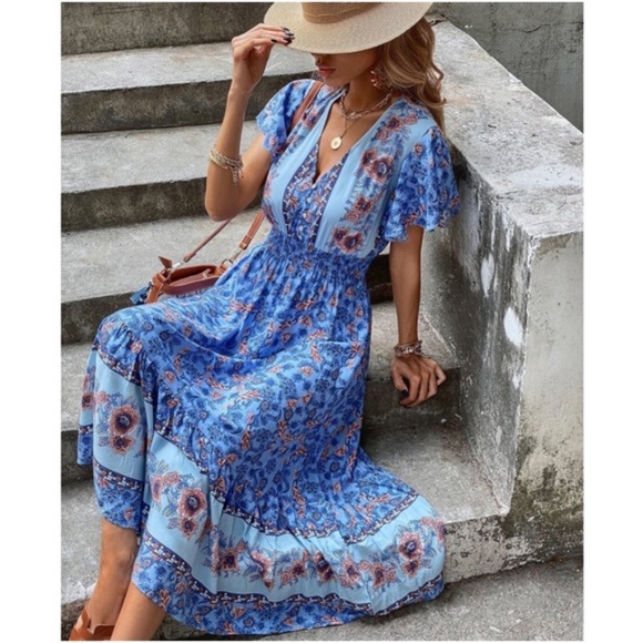 boho blue floral print v neck button ruffle dress - Picture 7 of 8